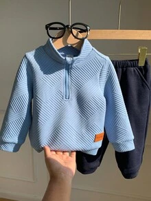 SHEIN 2 件套男婴柔软针织领长袖套头衫和松紧腰裤套装 - 藍色 - 查看 4