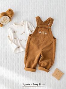 Cozy Pixies 2 件套男婴驯鹿卡通图案针织柔软圆领长袖套头衫和棕色调围兜工装裤套装 - 卡其色 - 查看 8