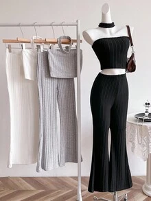 Sweetra Young Bộ áo ống dệt kim dự tiệc phong cách đường phố giản dị dành cho thiếu nữ và quần ống loe, áo phông đa năng ôm sát - Nhiều màu - Xem 1