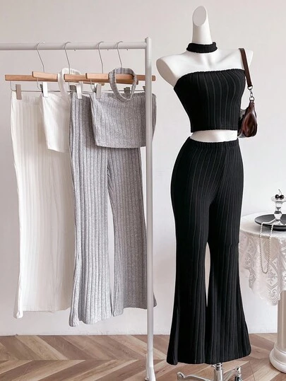 Sweetra Young 少女休闲街头时尚派对针织抹胸喇叭裤修身百搭 T 恤套装