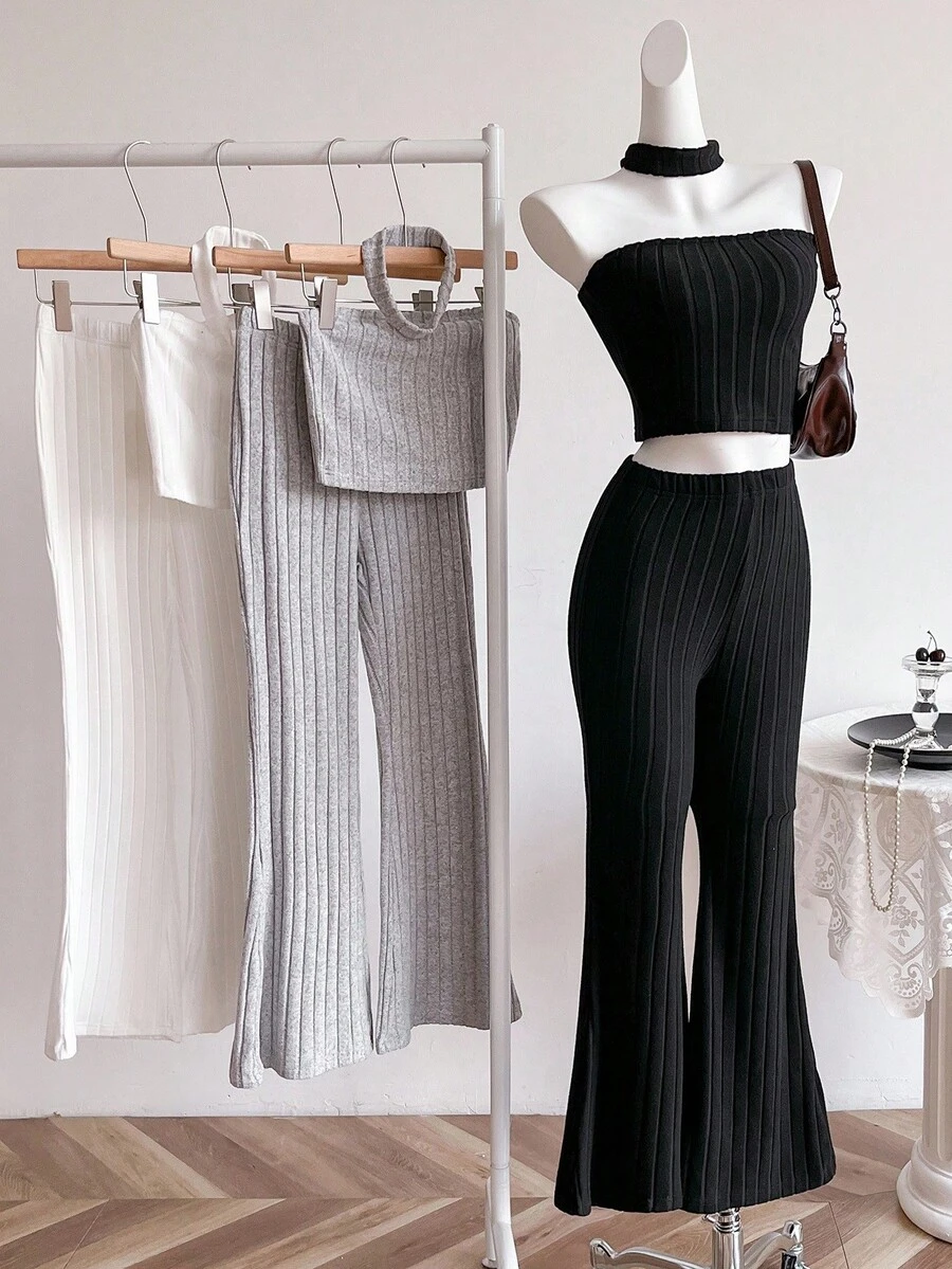 Sweetra Young Bộ áo ống dệt kim dự tiệc phong cách đường phố giản dị dành cho thiếu nữ và quần ống loe, áo phông đa năng ôm sát - Nhiều màu - Xem 1