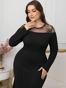 Modelyn Plus Size Long Sleeve Mermaid Fitted Knit Elegant Dress, Autumn/Winter - Black - View 6