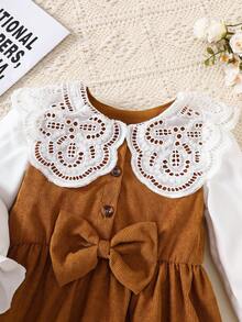 Elladie kids Robe de mode confortable pour l'automne/hiver avec col à volants, manches longues, épissure blanche et décoration de nœud de café mignon pour jeune fille - Café - Voir 6