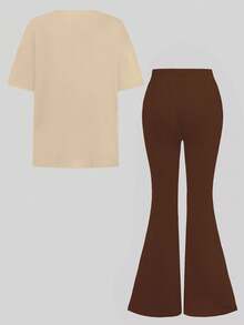 SHEIN Bộ 2 chiếc áo thun cổ tròn tay ngắn in họa tiết mặt cười và thái độ phong cách thường ngày thanh lịch dành cho bé gái tuổi teen và quần ống loe, phù hợp cho mùa thu/đông - Nhiều màu - Xem 2