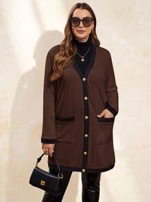 SHEIN Clasi Plus Size Women Elegant,Comfortable Metal Button Closure Long Warm Cardigan,Black & White,For Autumn,Office,Ladies Windbreaker,Business Casual Winter - Chocolate Brown - View 4