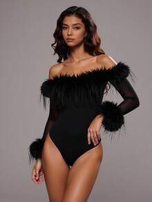 Sirith One-Shoulder Stretch Long-Sleeved Top With Mesh Panels And Fur-Like Texture, Sexy Bodysuit Suitable For Parties, Dates, And Festivals - Black - View 3