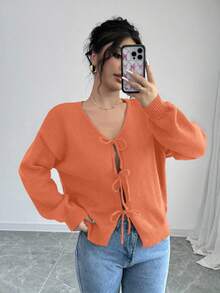 Selianne Áo cánh dài tay buộc dây phía trước màu trơn dành cho nữ, thiết kế đơn giản để mặc hàng ngày, áo khoác cardigan dáng ngắn màu đen, áo khoác cardigan nơ cho bé gái, áo khoác cardigan dáng ngắn màu đen - trái cam - Xem 6