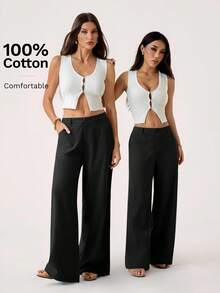 SHEIN PETITE 100% 水洗纯棉低腰直筒裤 - 黑色 - 查看 3