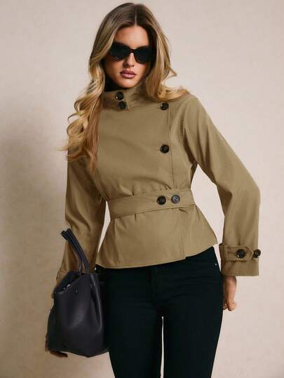 Poéselle Women's Casual Stand Collar Button Front Trench Coat, Autumn,Fall,Cozy Fall And Winter Clothes For Women