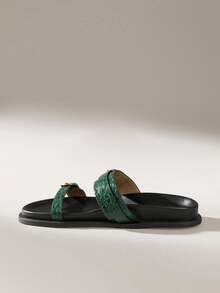 Solecia 女士时尚棕色舒适平底沙滩凉鞋 - 墨綠色 - 查看 3