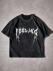 Manfinity EMRG Men's Street- INS Style Washed Fabric Dark Letter Print T-Shirt, Suitable For Music Festivals, Nightclubs, Boyfriend/Husband Gift, Anniversary Gift , Goth Shirt , Distressed Tshirt , Acid Wash Tshirt , Graphic Tee , Acid Wash Graphic Tee - Black - View 3