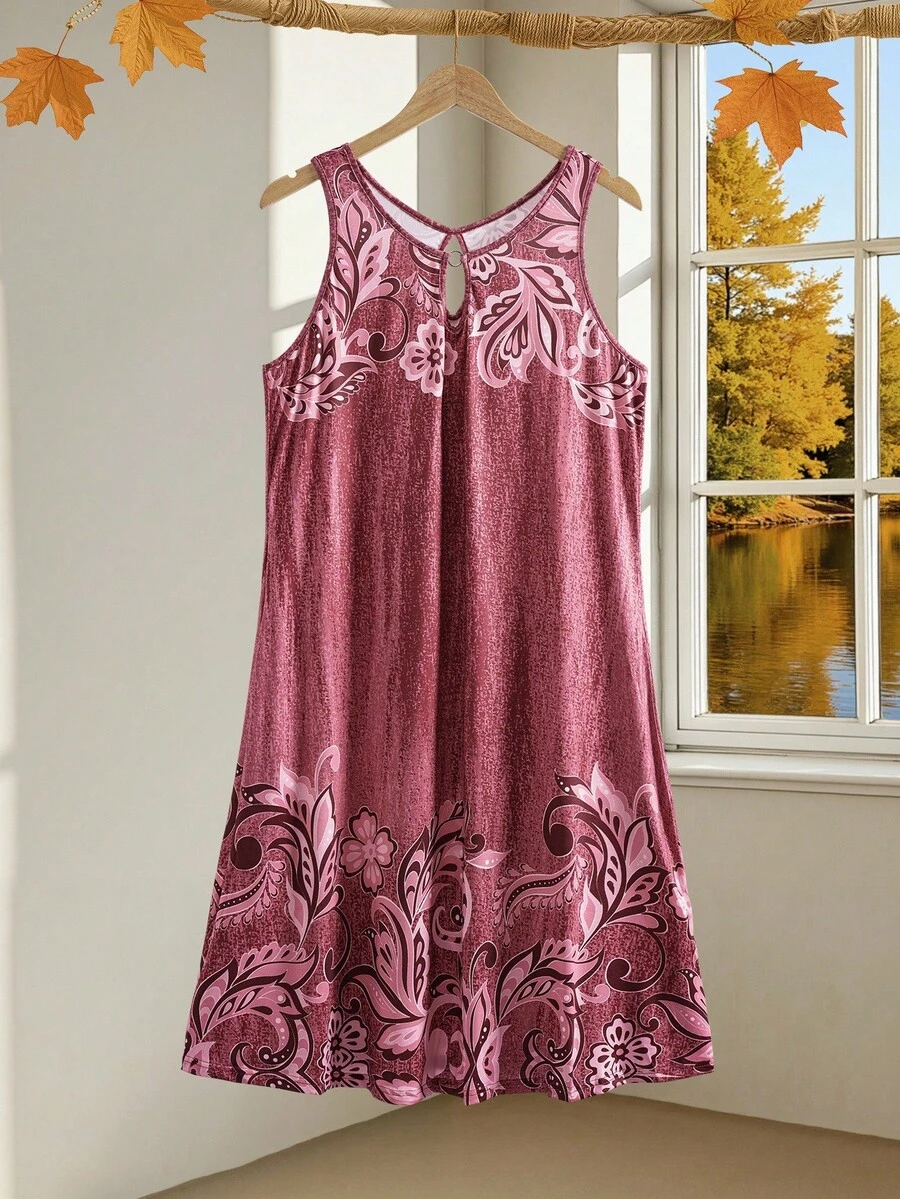 EMERY ROSE Đầm suông hở cổ in hoa cỡ lớn cho nữ - Gỗ đỏ - Xem 1