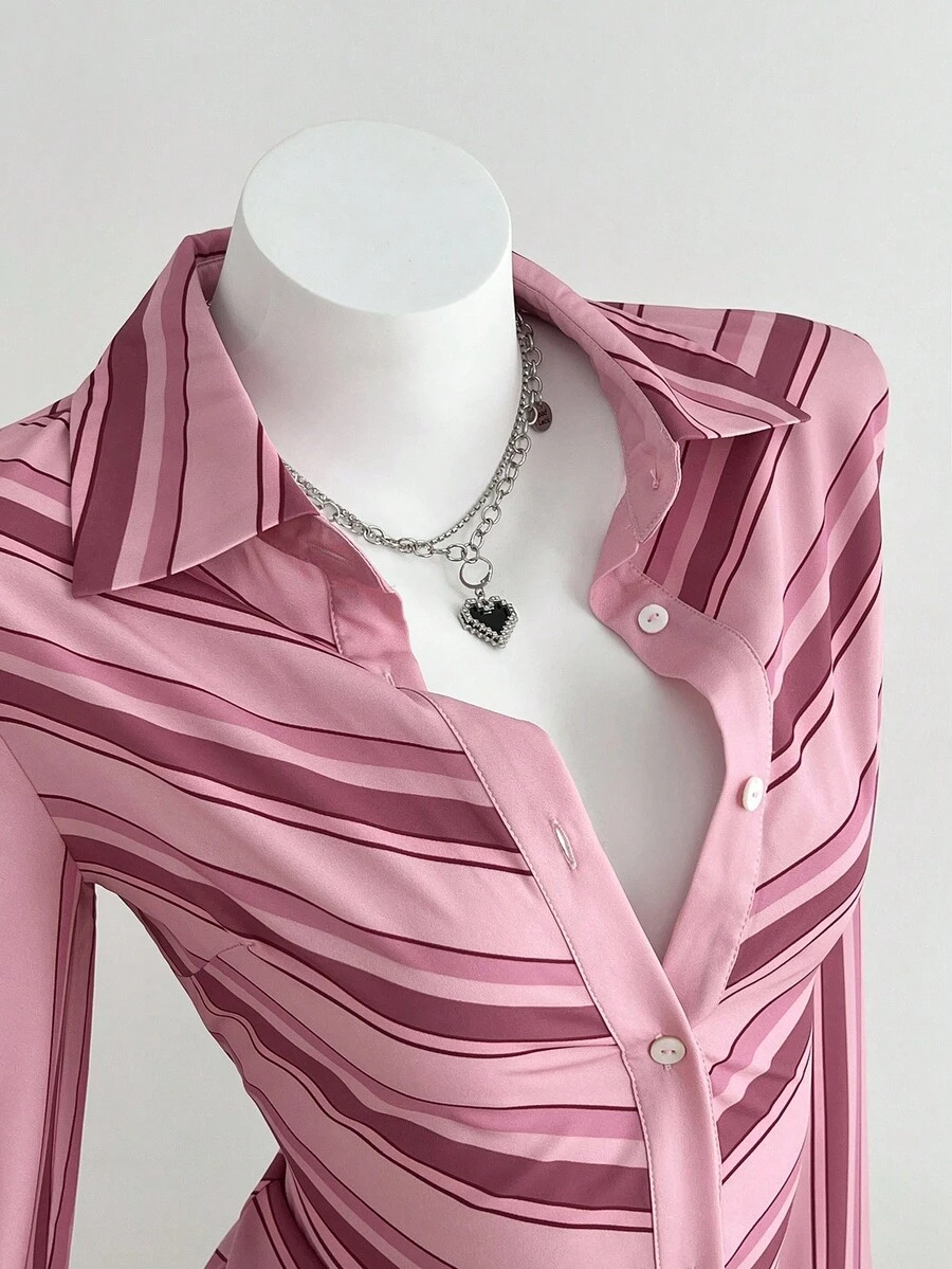 Elamini 1 Áo sơ mi nữ, Màu hồng, Hàng ngày, Đi làm, Mùa tựu trường, Sọc định vị, In kỹ thuật số, Dáng ôm vừa vặn kiểu Pháp, Nơi làm việc, Thường ngày, Thanh lịch, Cổ điển - Hồng - Xem 1