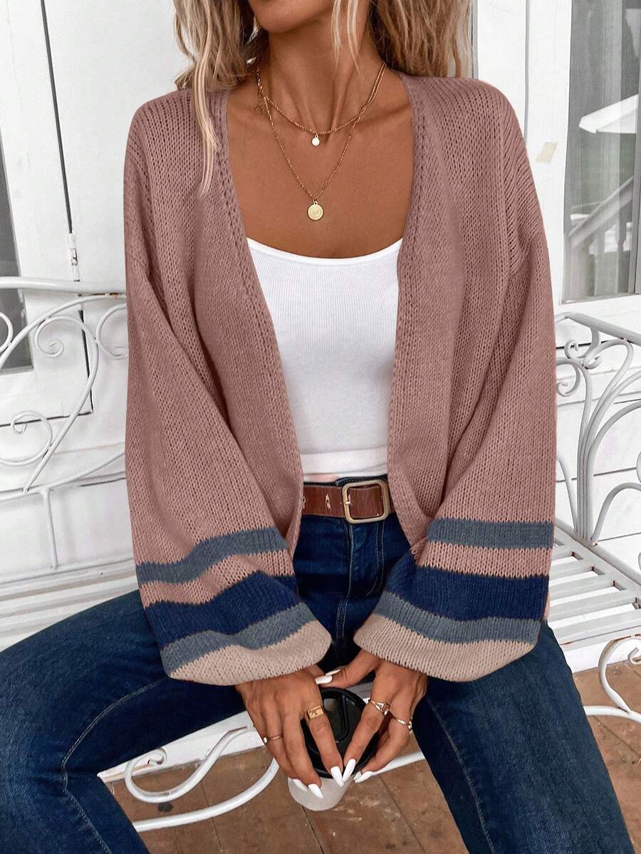 EMERY ROSE Plus Size Women's Casual Colorblock Striped Pattern Drop Shoulder Loose Lantern Sleeve Open Front Cardigan, Autumn