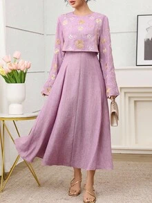 Yasmyna 女式刺绣喇叭袖阿拉伯风格连衣裙 - 紫色 - 查看 4