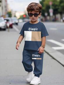 2件套年轻男孩休闲简约蓝色圆领短袖上衣和裤子套装 - 白色 - 查看 2