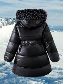 Sparklyn Teen Girl Casual Thickened Padded Coat, Fur Collar Hood, Elastic Waist, Slant Pockets, Glossy Black Fabric, Suitable For Winter Commuting, Travel, Can Be Paired With Pants, Sweatpants, Hoodies, T-Shirts, Sweaters Fall - Black - View 2