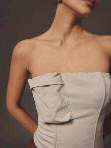 Hauture Formal Old Money Business Office Sexy 3D Cargo Pocket Strapless Bandeau Bustier Top - Khaki - View 2