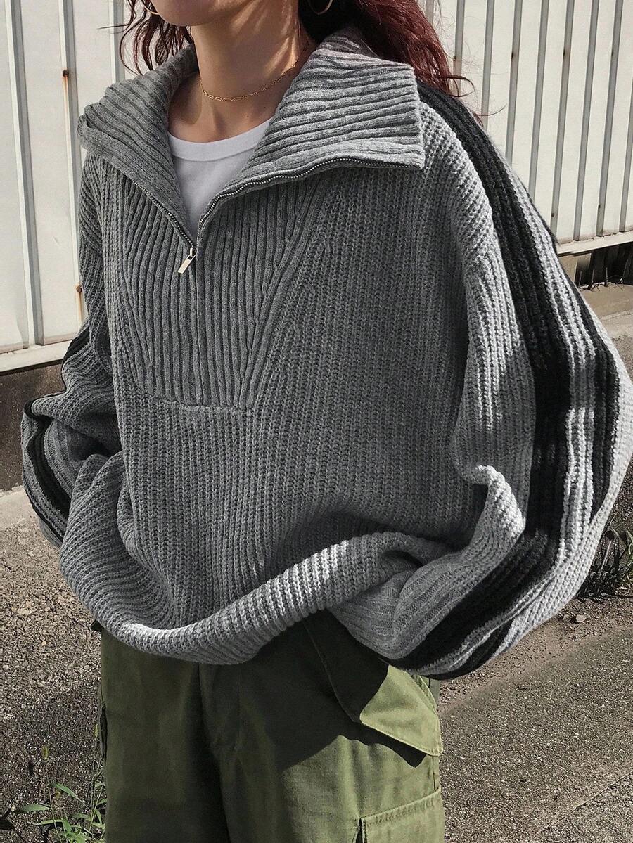 FRIFUL Women Solid Color Splice Front Zipper Long Sleeve Casual Sweater,Fall Clothes - Grey - View 1