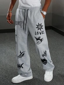 Manfinity EMRG 男士休闲印花口袋抽绳长裤，男士时尚街头骷髅字母印花口袋抽绳运动裤，浅灰色Y2K哥特风秋冬运动裤，万圣节和返校季的完美之选，送给男友的理想礼物，冬季时尚街头风，校园和万圣节必备 - 淺灰色 - 查看 7