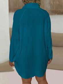 EMERY ROSE Plus Size Women's Long Sleeve Light Blue Casual Shirt Fall - Teal Blue - View 2
