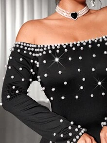 Cravure Gaun Lengan Panjang Berhiaskan Mutiara dan Bahu Terbuka Elegan untuk Wanita Ukuran Plus (Musim Gugur) - Hitam - View 5