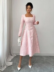 Elenzga Women's Pink Jacquard Textured Fabric Square Neck Waist Cinching A-Line Midi Dress, Elegant And Sophisticated, Suitable For Birthday, Date, Party, Concert, Christmas Eve, Christmas, Autumn/Winter - Pink - View 5