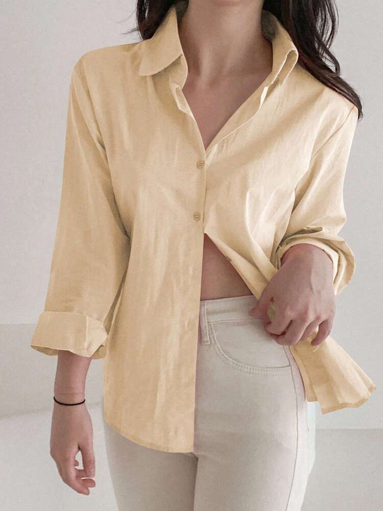 Women's Loose Fit Plain Long Sleeve Single-Breasted Casual Shirt