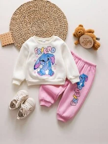 SHEIN Babygirl 可爱卡通图案针织衫裤套装 秋冬 - 米色 - 查看 4