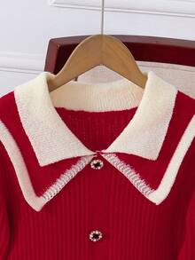 青少年女孩学院风公主裙，舒适仿纽扣撞色领针织毛衣裙，秋冬 - 紅色 - 查看 3