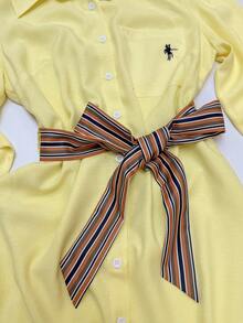 GlowEve New Elegant Polo Collar Embroidery Design Belted Dress - Yellow - View 7