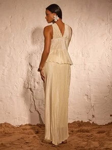 Opulessa 2pcs/Set Women Solid Color Knit Mesh Cold Shoulder Top & Long Skirt, Vacation Outfit