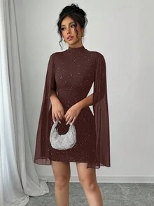 Elenzga 女士优雅立领派对连衣裙，透明网眼斗篷袖，修身廓形 - 咖啡棕 - 查看 6