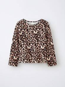Maija Kids Conjunto de camiseta de manga larga con cuello de volantes de unicolor acanalado y estampado de leopardo para niña - Multicolor - Ver 3