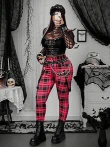 SHEIN Whyspr Grunge Punk Plus Size Women Punk Plaid Print Dark Style Leggings - Multicolor - View 5