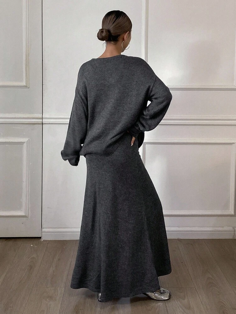 Women's Autumn Round Neck Loose Top And Long Knit Dress 2 Pieces Set
