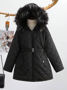 SHEIN 青少年女孩休闲简约舒适连帽收腰厚夹克，秋冬 - 黑色 - 查看 8