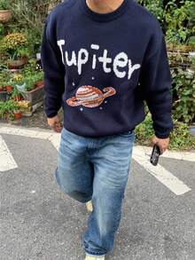 DAZY Men's Minimalist Loose Fit Planet & Text Print Long Sleeve Pullover Sweater - Navy Blue - View 5