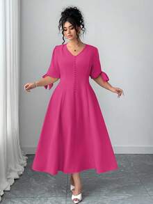 Elenzga Plus Size Solid Color V-Neck Bow Elegant Dress - Hot Pink - View 7