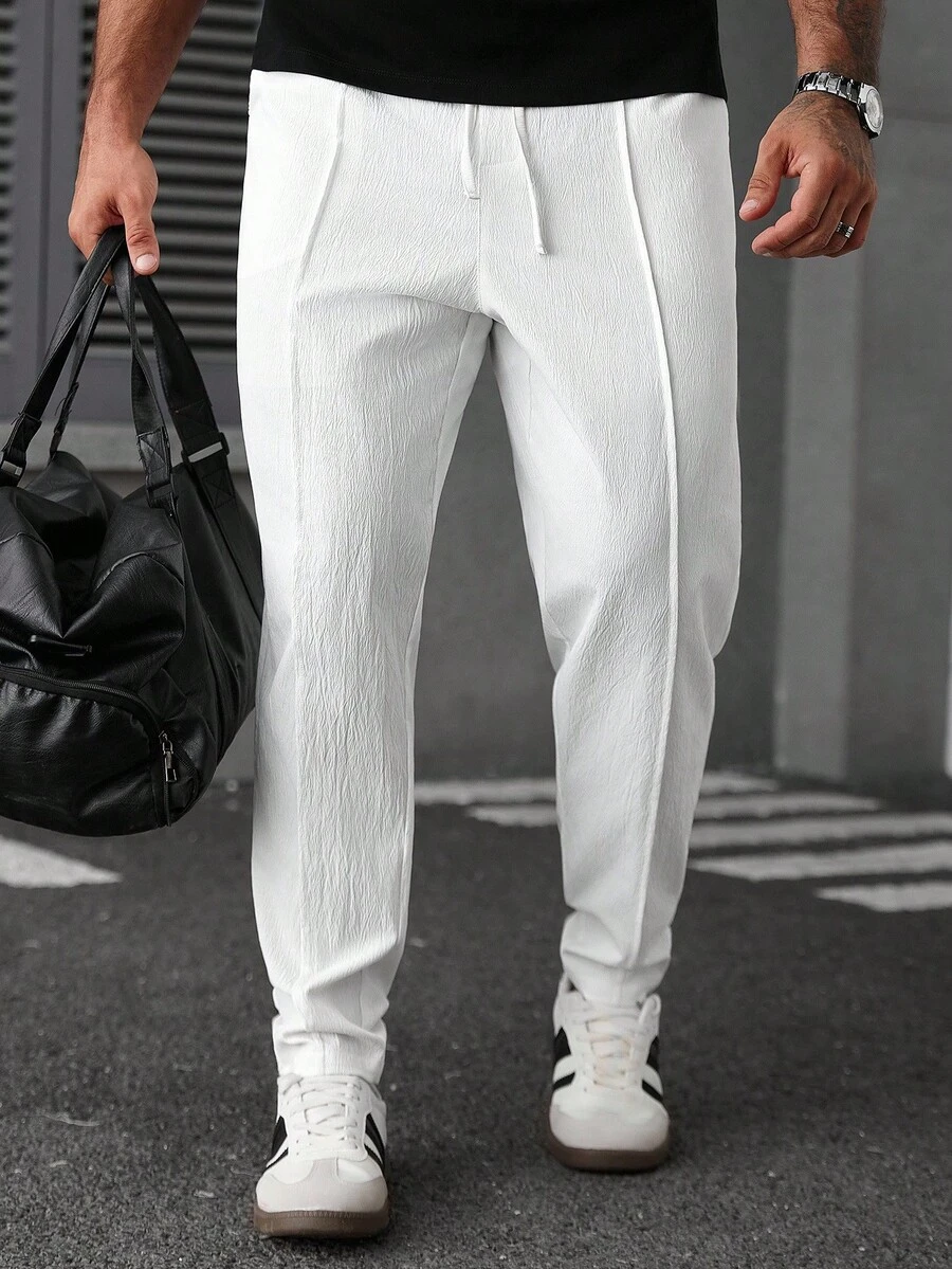 Manfinity CasualCool 男士宽松抽绳腰白线裤，街头潮流，复古风，秋季 - 白色 - 查看 1