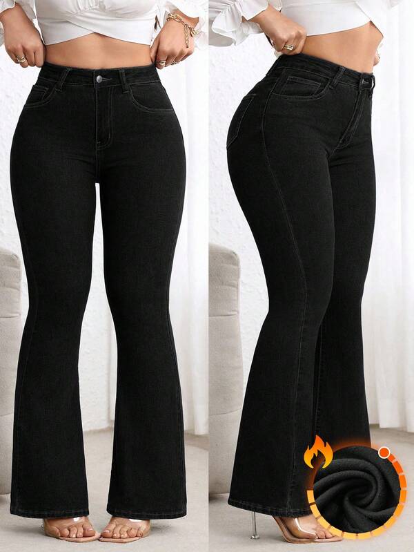 Flexra جينز بخصر عالي مغسول مناسب للمقاسات الكبيرة بقصة ضيقة وواسعة من الأسفل