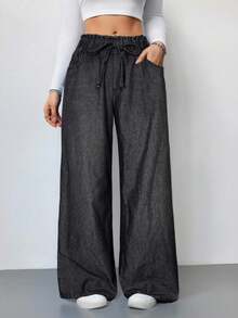 SHEIN PETITE 女士蓝色牛仔裤夏季阔腿裤舒适松紧腰带口袋夏季休闲装 - 黑色 - 查看 3