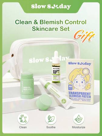 Slow Sunday Clean And Blemish Control Skincare Set, Daily Skincare In Autumn And Winter, Deeply Cleaning, Soothing And Brightening, Effective Blemish Control. Each Skincare Set Comes With A Waterproof Storage Cosmetic Bag, Travel Essentials, Business Essentials, Home Essentials, Good Gift For Variety Holiday, Party, Travel, Outdoor Activity, Winter Skin Care Routine