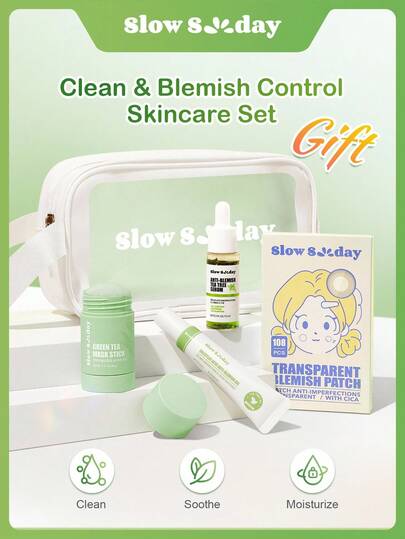 Slow Sunday Clean And Blemish Control Skincare Set, Daily Skincare In Autumn And Winter, Deeply Cleaning, Soothing And Brightening, Effective Blemish Control. Each Skincare Set Comes With A Waterproof Storage Cosmetic Bag, Travel Essentials, Business Essentials, Home Essentials, Good Gift , For Valentine'S Day, Valentines Gift, Great Ideas For Party, Gift-Giving, Outdoor Activity, Suitable For Spring Personal Care