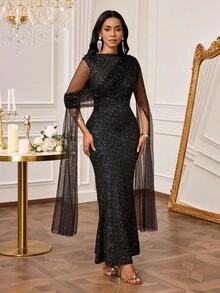 SHEIN Lady Váy dự tiệc thanh lịch dành cho nữ với họa tiết in toàn bộ, vải lưới mỏng, tay loe và viền đuôi cá - màu đen - Xem 6