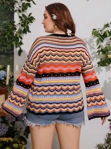 Flirla Áo len dệt kim khoét lỗ màu tương phản ngày lễ cỡ lớn, cỡ lớn - màu đen - Xem 2