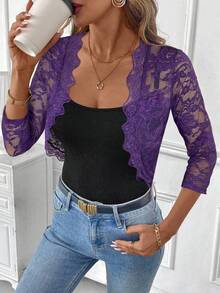 SHEIN Clasi 女式花卉蕾丝前开式七分袖短款轻薄秋冬夹克 - 紫色 - 查看 3