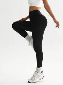 SHEIN Sports Women's Solid Color High Waist Pocket Tummy Control Leggings Yoga Leggings High Waist Yoga Leggings - Black - View 6