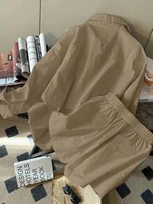 INAWLY Bộ 2 món quần short dài tay rộng rãi thoải mái chất liệu vải lanh pha trộn thời trang đơn giản mới dành cho nữ - Cà phê nâu - Xem 2