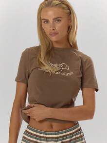 MUSERA 印花修身婴儿T恤，秋季舒适可爱休闲咖啡俱乐部优雅假日派对春夏款 - 咖啡棕 - 查看 5